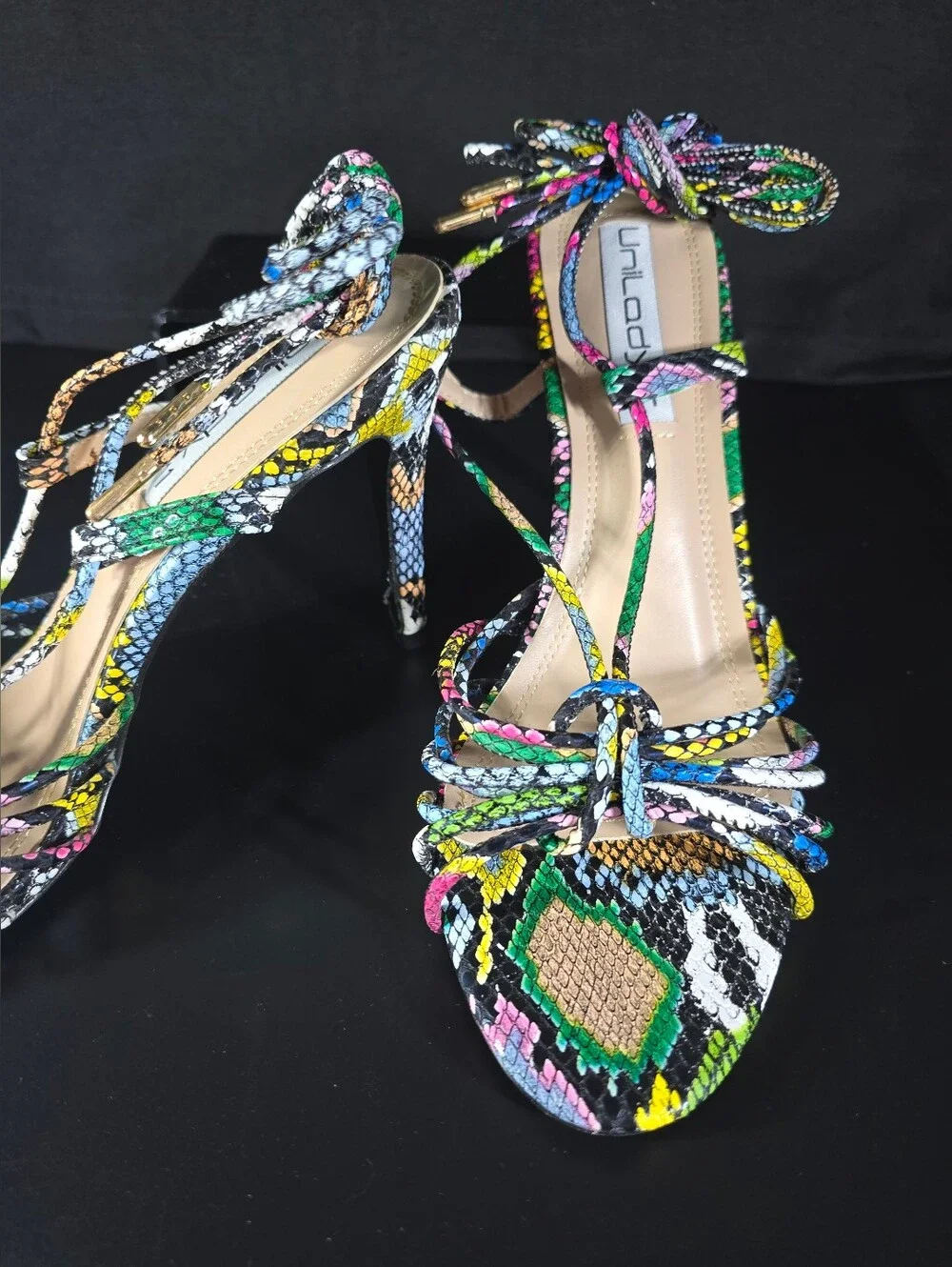 Unilady “Lacey” Colorful Snakeskin Ankle-Tie Heels – Size 11 – New in Box